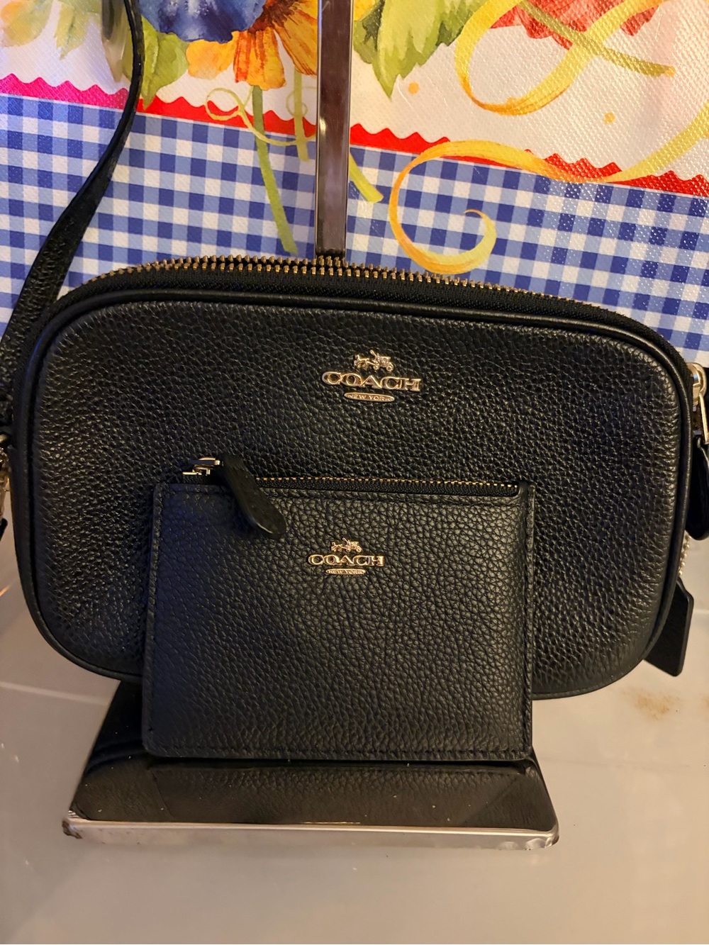 Coach Black Pebbled Leather Crossbody with Matching Card Case